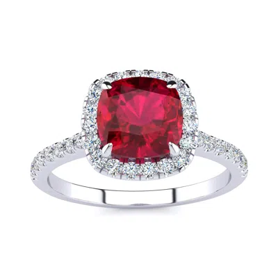 Sselects 2 Carat Cushion Cut Created Ruby And Halo Diamond Ring In Sterling Silver In Red