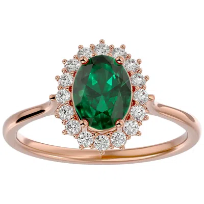 Sselects 1.40 Carat Oval Shape Emerald And Halo Diamond Ring In 14 Karat Rose Gold In Green