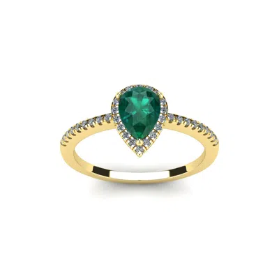 Sselects 3/4 Carat Pear Shape Emerald And Halo Diamond Ring In 14 Karat Yellow Gold In Green
