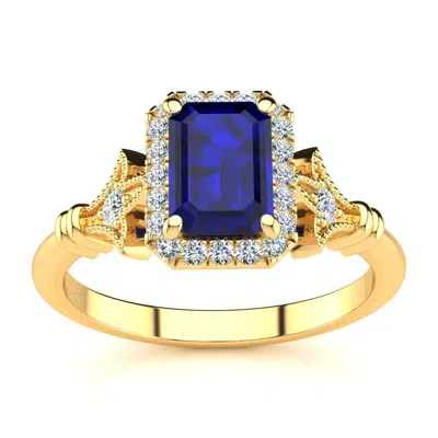 Sselects 1 1/2 Carat Sapphire And Halo Diamond Vintage Ring In 14 Karat Yellow Gold In Blue