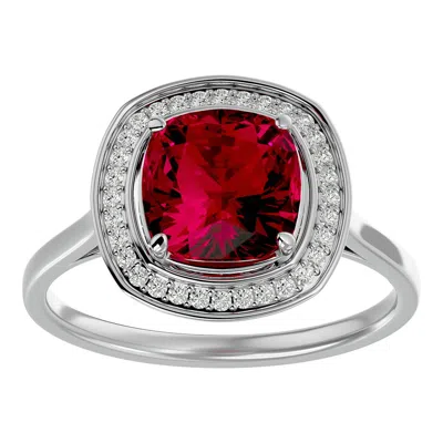 Sselects 3 1/4 Carat Cushion Cut Ruby And Halo Diamond Ring In 14k White Gold In Red