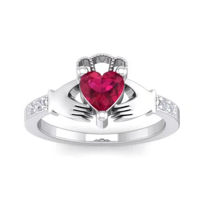 Sselects 1 Carat Heart Shape Ruby And Diamond Claddagh Ring In 14 Karat White Gold In Red
