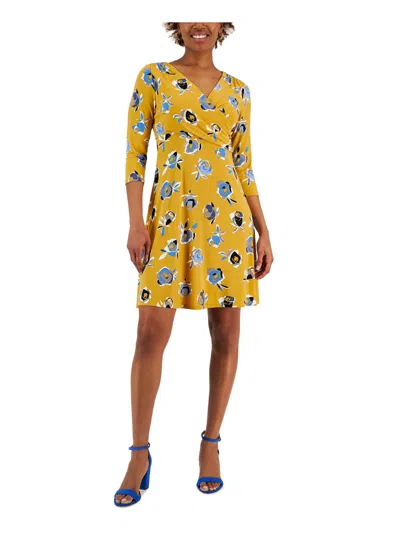Kasper Petites Womens Daytime Floral Print Shift Dress In Yellow