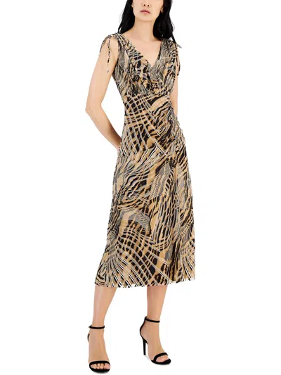 Anne Klein Womens Printed Ruched Fit & Flare Dress In Brown