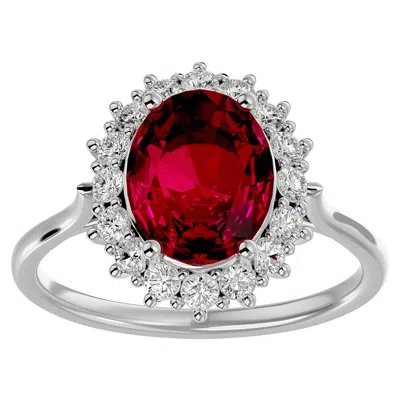 Sselects 3.60 Carat Oval Shape Ruby And Halo Diamond Ring In 14 Karat White Gold In Red