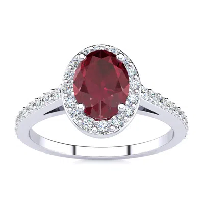 Sselects 1 Carat Oval Shape Created Ruby And Halo Diamond Ring In Sterling Silver In Red