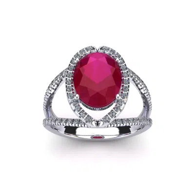 Sselects 3 1/2 Carat Oval Shape Ruby And Halo Diamond Ring In 14 Karat White Gold In Red