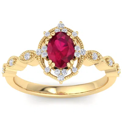 Sselects 1 Carat Ruby And Halo Diamond Ring In 14k Yellow Gold In Red