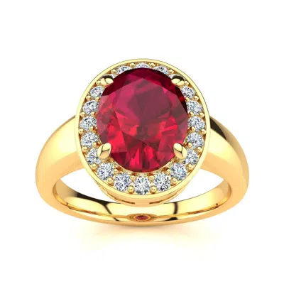 Sselects 3 Carat Oval Shape Ruby And Halo Diamond Ring In 14 Karat Yellow Gold In Red