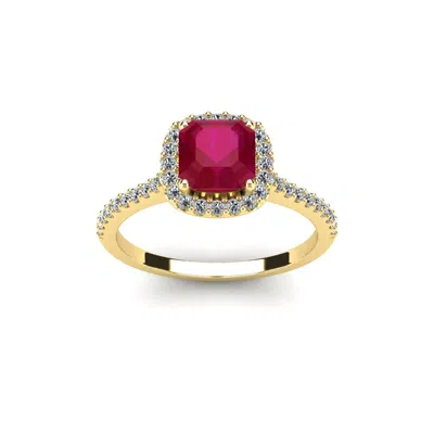 Sselects 1 3/4 Carat Cushion Cut Ruby And Halo Diamond Ring In 14k Yellow Gold In Red
