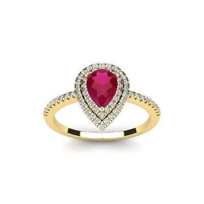 Sselects 1 Carat Pear Shape Ruby And Double Halo Diamond Ring In 14 Karat Yellow Gold In Red