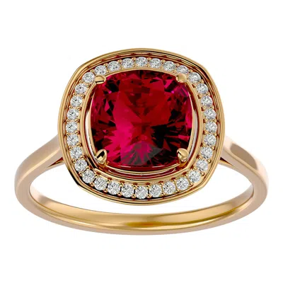 Sselects 3 1/4 Carat Cushion Cut Ruby And Halo Diamond Ring In 14k Yellow Gold In Red