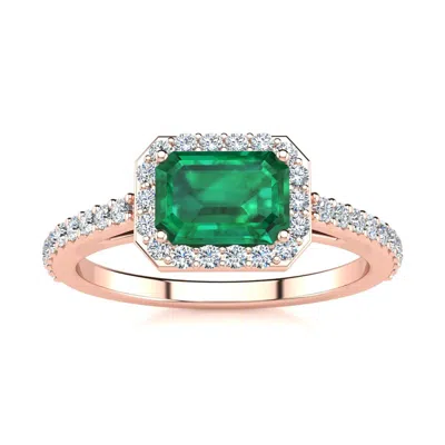 Sselects 1 1/4 Carat Emerald And Halo Diamond Ring In 14 Karat Rose Gold In Green