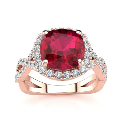 Sselects 3 1/2 Carat Cushion Cut Ruby And Halo Diamond Ring With Fancy Band In 14 Karat Rose Gold In Red
