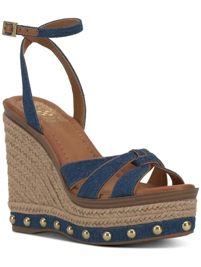 Vince Camuto Poula Womens Denim Studded Wedge Sandals In Blue
