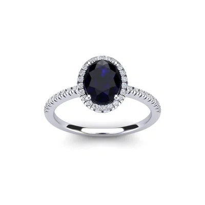 Sselects 1 1/2 Carat Oval Shape Created Sapphire And Halo Diamond Ring In Sterling Silver In Black