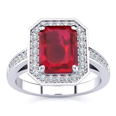 Sselects 3 1/3 Carat Ruby And Halo Diamond Ring In 14 Karat White Gold In Red