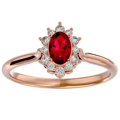 Sselects 2/3 Carat Oval Shape Ruby And Halo Diamond Ring In 14 Karat Rose Gold In Red