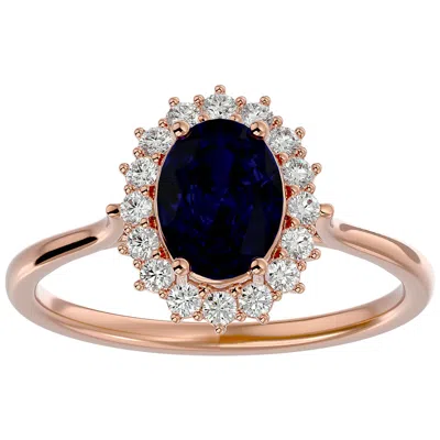 Sselects 1.85 Carat Oval Shape Sapphire And Halo Diamond Ring In 14 Karat Rose Gold In Blue