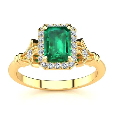 Sselects 1 Carat Emerald And Halo Diamond Vintage Ring In 14 Karat Yellow Gold In Green