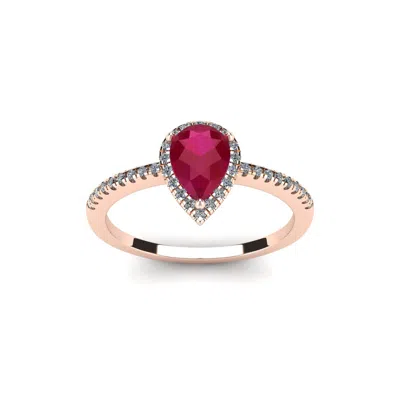 Sselects 1 Carat Pear Shape Ruby And Halo Diamond Ring In 14 Karat Rose Gold In Red