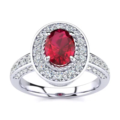 Sselects 1 1/2 Carat Oval Shape Ruby And Halo Diamond Ring In 14 Karat White Gold In Red