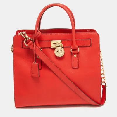Michael Michael Kors Coral Leather Large Hamilton North South Tote In Orange