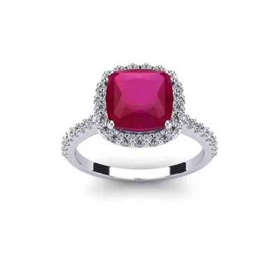 Sselects 3 1/2 Carat Cushion Cut Ruby And Halo Diamond Ring In 14k White Gold In Red