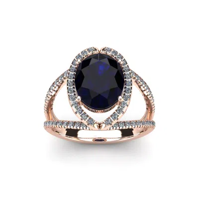 Sselects 3 1/2 Carat Oval Shape Sapphire And Halo Diamond Ring In 14 Karat Rose Gold In Blue