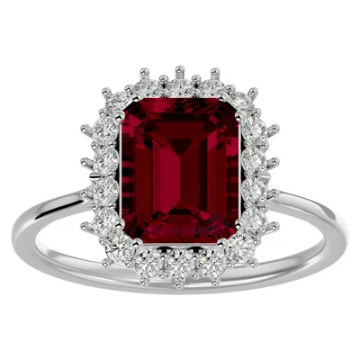 Sselects 3 1/5 Carat Ruby And Halo Diamond Ring In 14k White Gold In Red
