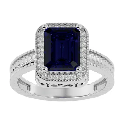 Sselects 2 3/4 Carat Emerald Shape Created Sapphire And Diamond Ring In Sterling Silver In Blue