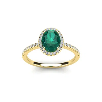 Sselects 1 1/3 Carat Oval Shape Emerald And Halo Diamond Ring In 14 Karat Yellow Gold In Green