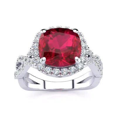Sselects 3 1/2 Carat Cushion Cut Ruby And Halo Diamond Ring With Fancy Band In 14 Karat White Gold In Red