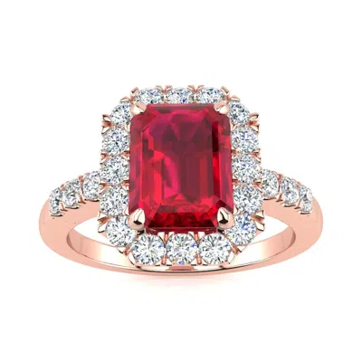 Sselects 2 3/4 Carat Ruby And Halo Diamond Ring In 14 Karat Rose Gold In Red