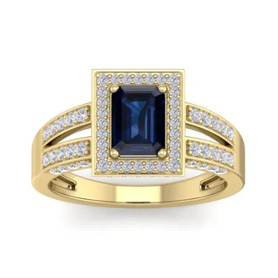 Sselects 1 3/4 Carat Sapphire And Halo Diamond Ring In 14 Karat Yellow Gold In Blue