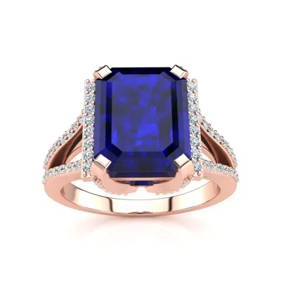Sselects 4 3/4 Carat Sapphire And Halo Diamond Ring In 14 Karat Rose Gold In Blue