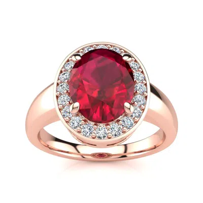 Sselects 3 Carat Oval Shape Ruby And Halo Diamond Ring In 14 Karat Rose Gold In Red