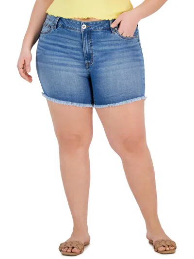 Celebrity Pink Trendy Plus Size Frayed Cuffed Denim Shorts In Blue