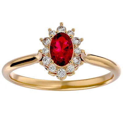 Sselects 2/3 Carat Oval Shape Ruby And Halo Diamond Ring In 14 Karat Yellow Gold In Red
