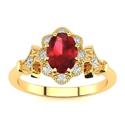 Sselects 1 Carat Oval Shape Ruby And Halo Diamond Vintage Ring In 14 Karat Yellow Gold In Red