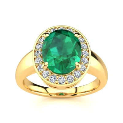 Sselects 2 Carat Oval Shape Emerald And Halo Diamond Ring In 14 Karat Yellow Gold In Green