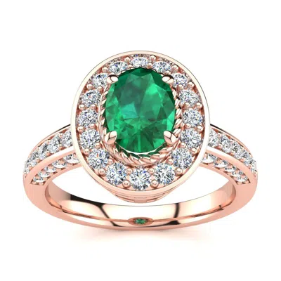 Sselects 1 1/2 Carat Oval Shape Emerald And Halo Diamond Ring In 14 Karat Rose Gold In Green