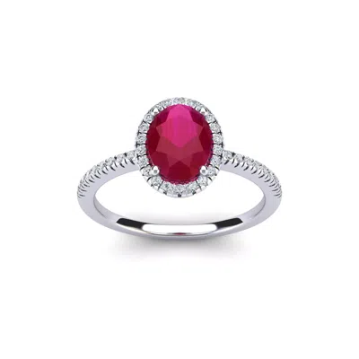 Sselects 1 1/2 Carat Oval Shape Created Ruby And Halo Diamond Ring In Sterling Silver In Red