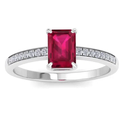 Sselects 1 1/4 Carat Emerald Cut Ruby And Diamond Ring In 14k White Gold In Red