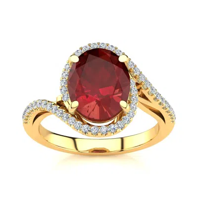 Sselects 3 1/3 Carat Oval Shape Ruby And Halo Diamond Ring In 14 Karat Yellow Gold In Red
