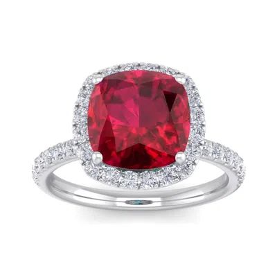 Sselects 5 1/2 Carat Cushion Cut Created Ruby And Halo Diamond Ring In Sterling Silver In Red