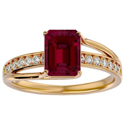 Sselects 2 1/2 Carat Emerald Shape Ruby And Diamond Ring In 14 Karat Yellow Gold In Red