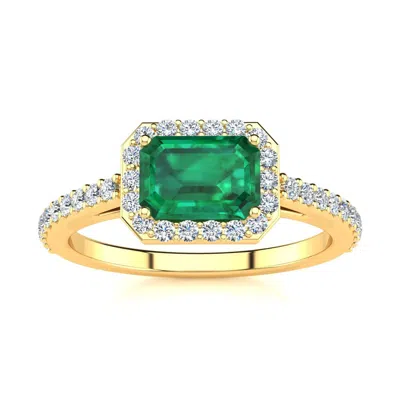 Sselects 1 1/4 Carat Emerald And Halo Diamond Ring In 14 Karat Yellow Gold In Green