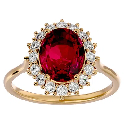 Sselects 3.60 Carat Oval Shape Ruby And Halo Diamond Ring In 14 Karat Yellow Gold In Red