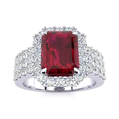 Sselects 3 3/4 Carat Ruby And Halo Diamond Ring In 14 Karat White Gold In Red